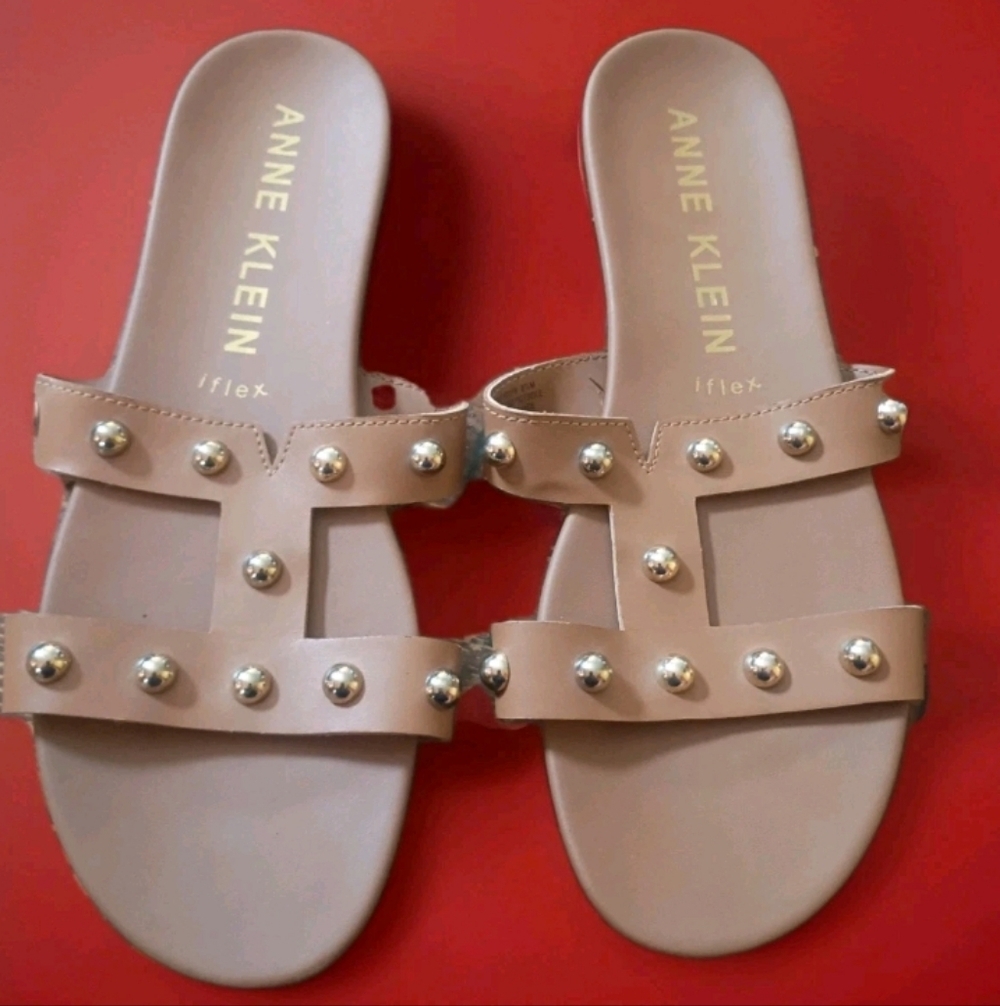 Anne Klein iflex Brown Studded Slide Sandals Women's 8.5 Coastal Casual